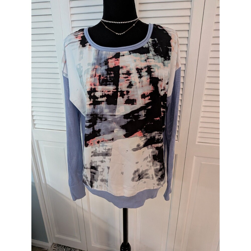 Calvin Klein Sweater Womens M Abstract Art To Wear Blue Multi Mixed Media Top